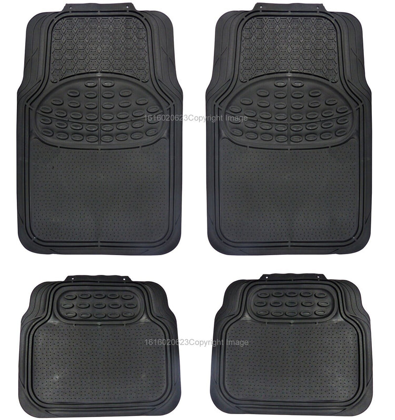 Revelation Silver Chrome Metallic Look Effect Heavy Duty Car Black Rubber Mats Set Of 4 +Caps