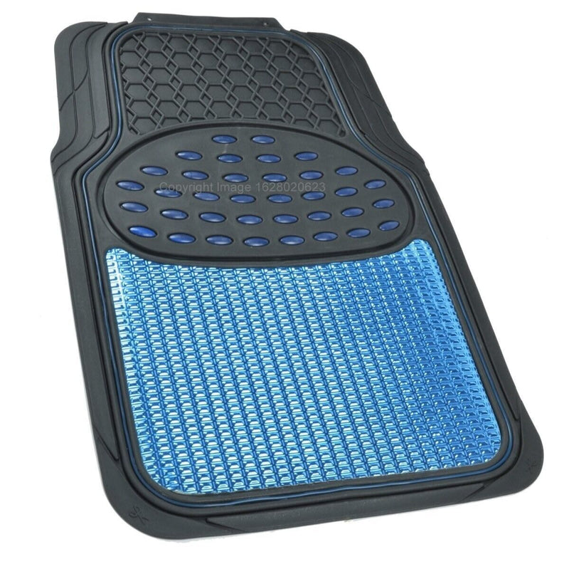 Revelation Shiny Blue Metallic Checker Effect Heavy Duty Car Black Rubber Mats Set of 4 +Caps