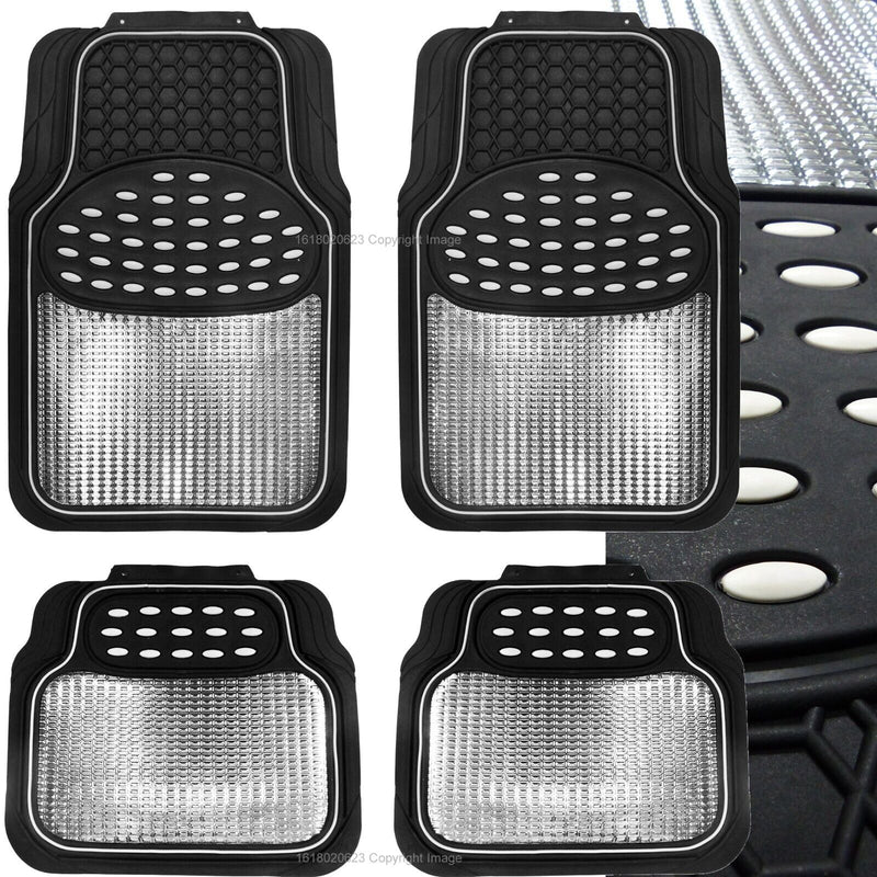 Revelation Silver Chrome Metallic Look Effect Heavy Duty Car Black Rubber Mats Set Of 4 +Caps