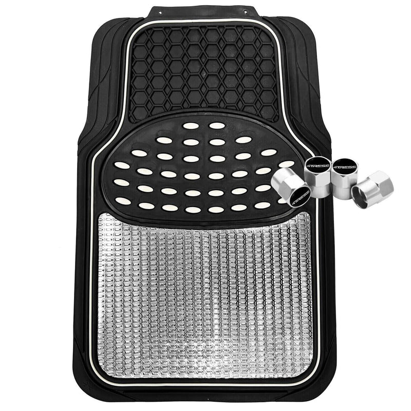 Revelation Silver Chrome Metallic Look Effect Heavy Duty Car Black Rubber Mats Set Of 4 +Caps