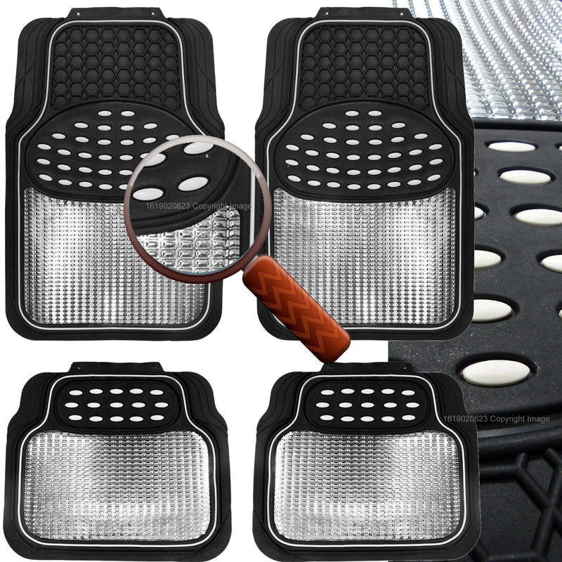 Revelation Silver Chrome Metallic Look Effect Heavy Duty Car Black Rubber Mats Set Of 4 +Caps