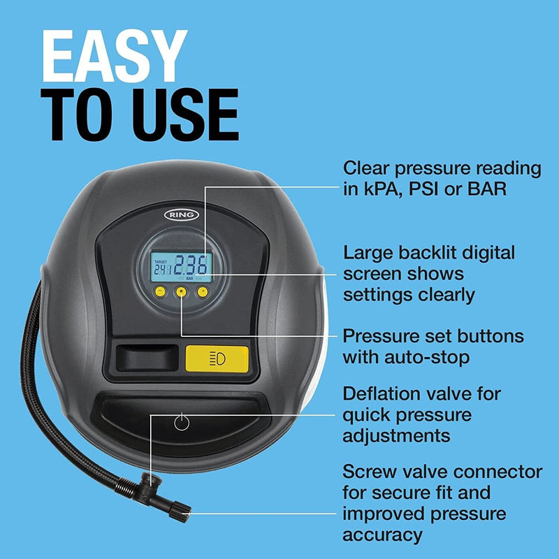 Ring RTC500 12v Digital Auto Stop Car Van Bike Tyre Air Compressor Inflator Pump +Caps