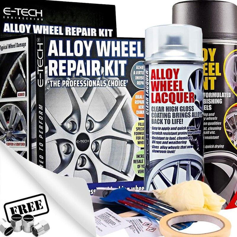 E-Tech TECHNIK GREY Car Alloy Wheel Wheels Refurbishment Spray Paint Lacquer Repair Kit +Caps