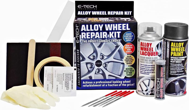 E-Tech TECHNIK GREY Car Alloy Wheel Wheels Refurbishment Spray Paint Lacquer Repair Kit +Caps