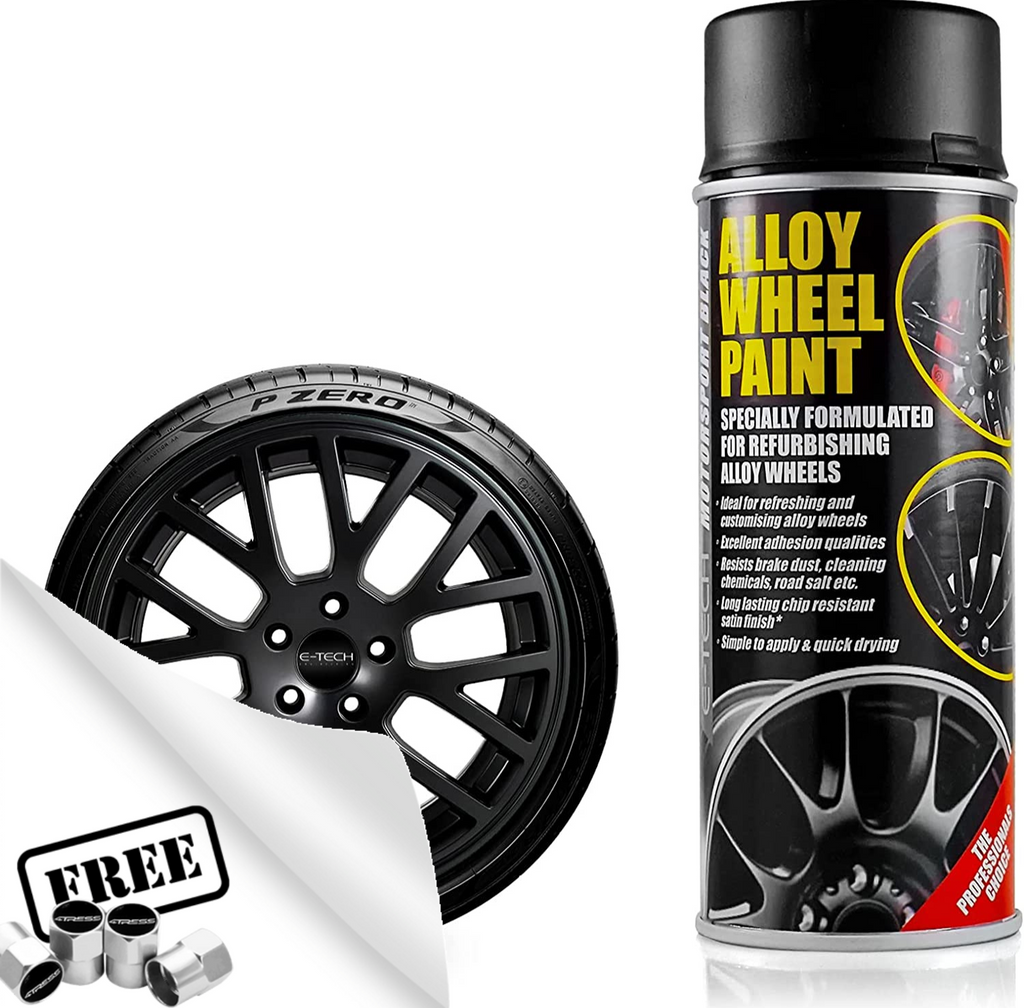 E-Tech MOTORSPORT BLACK Car Alloy Wheel Wheels Refurbishment Spray Paint Can +Caps