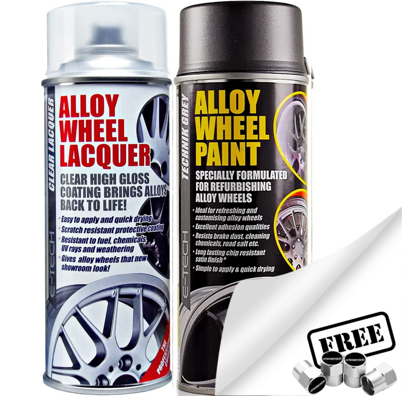 E-Tech TECHNIK GREY Car Alloy Wheel Spray Paint + Clear Lacquer Refurbishment Deal +Caps