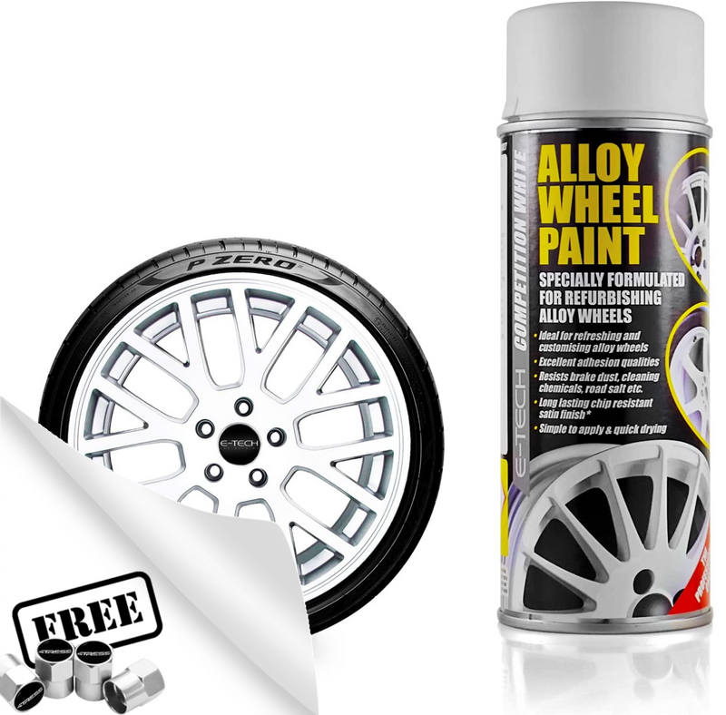 E-Tech WHITE Car Alloy Wheel Wheels Refurbishment Spray Paint Can +Caps