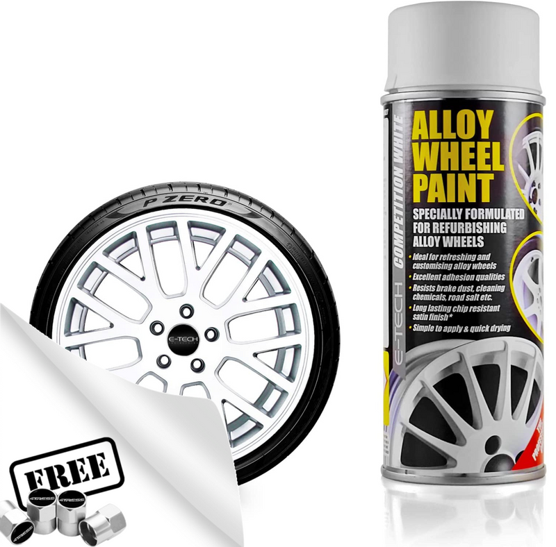 E-Tech COMPETITION WHITE Car Alloy Wheel Wheels Refurbishment Spray Paint Can +Caps