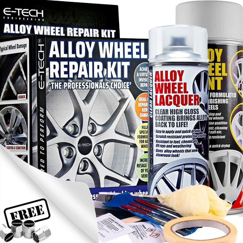 E-Tech WHITE Car Alloy Wheel Wheels Refurbishment Spray Paint Lacquer Repair Kit +Caps