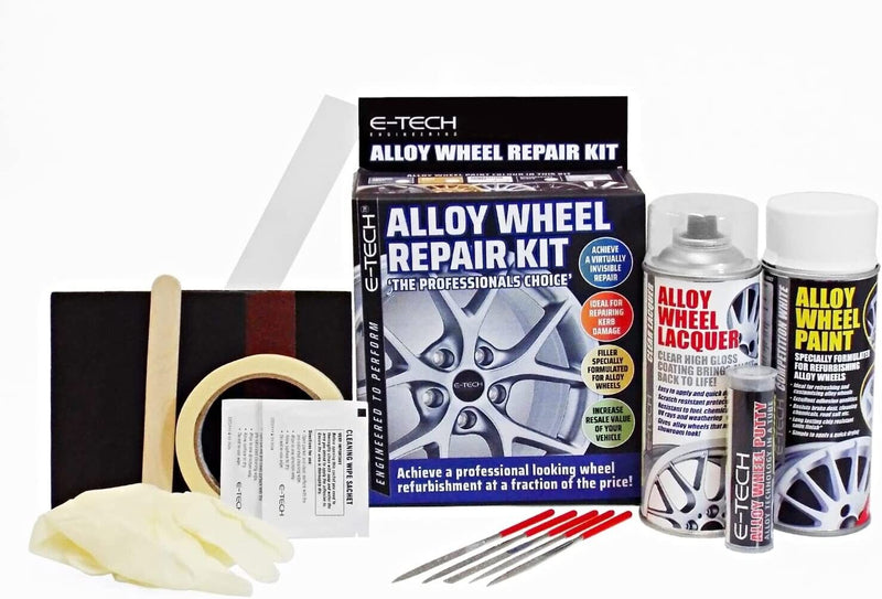 E-Tech WHITE Car Alloy Wheel Wheels Refurbishment Spray Paint Lacquer Repair Kit +Caps