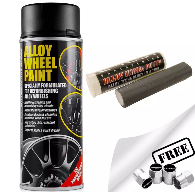 E-Tech BLACK Alloy Wheel Spray Paint + Repair Filler Putty Refurbishment + Caps