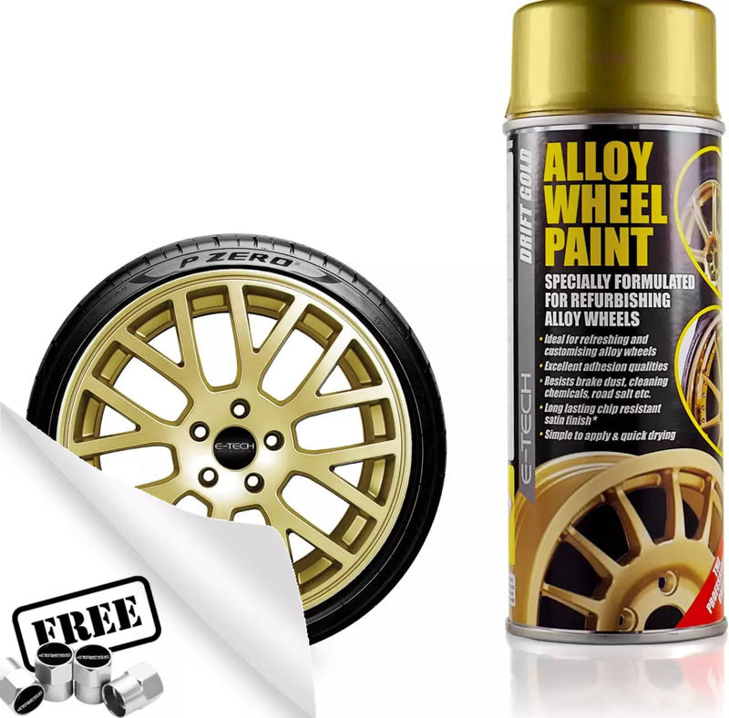 E-Tech Gold Car Alloy Wheel Spray Paint Wheels Refurbishment Can 400ml + Caps