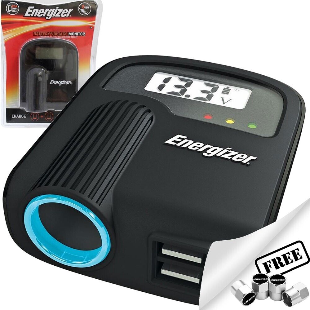 Energizer 50501 12v 24v Car Lighter Socket Twin USB & Voltage Monitor Power Adapter +Caps