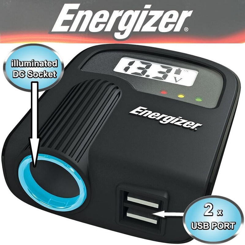 Energizer 50501 12v 24v Car Lighter Socket Twin USB & Voltage Monitor Power Adapter +Caps