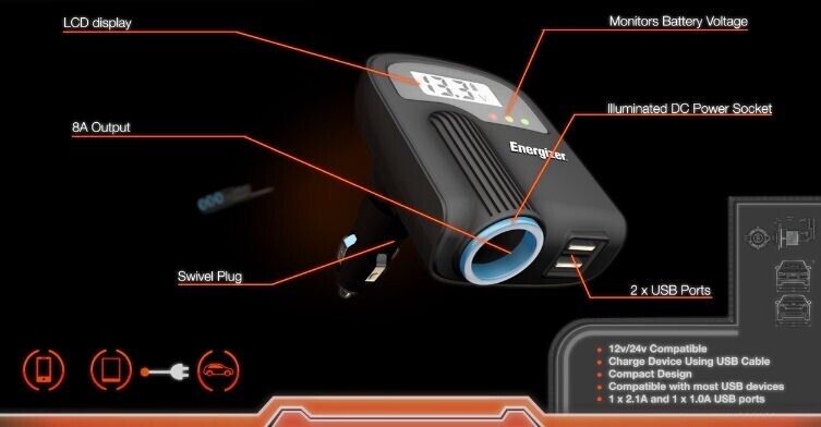 Energizer 50501 12v 24v Car Lighter Socket Twin USB & Voltage Monitor Power Adapter +Caps