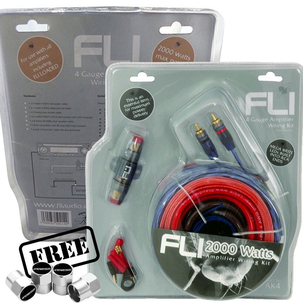 FLI Audio AK4 12v 4 Awg Gauge 2000 Watts System Car Amp Amplifier LED Wiring Kit +Caps