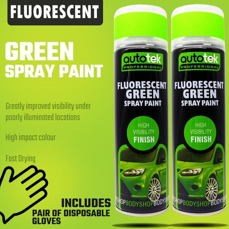 2 x Fluorescent Bright Green High Visibility AUTOTEK Bodyshop Spray Paint+G+C✅
