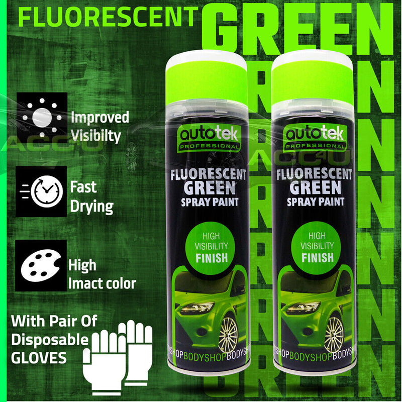 2 x Fluorescent Bright Green High Visibility AUTOTEK Bodyshop Spray Paint+G+C✅