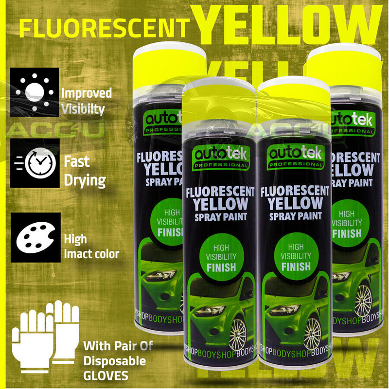 4 x 500ml Fluorescent YELLOW Bright High Visibility AUTOTEK Spray Paint + G+C✅