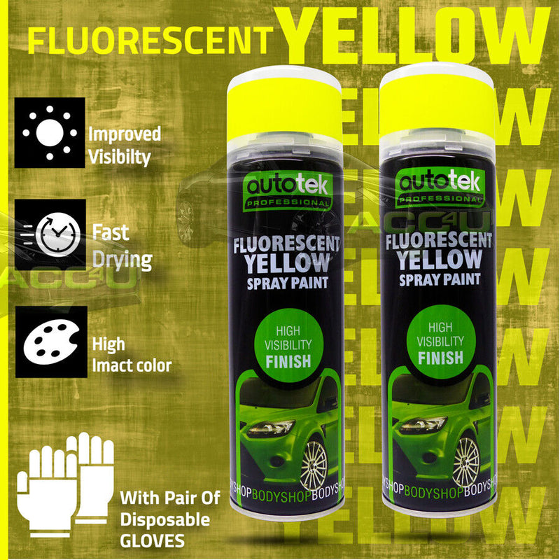 2 x 500ml Fluorescent YELLOW Bright High Visibility AUTOTEK Spray Paint + G+C✅