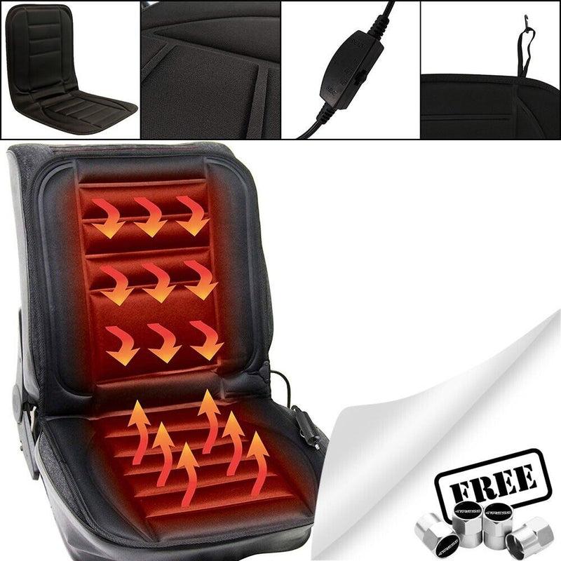 SW 12v In Car Van Plug Black Front Single Seat Cover Thermal Heated Support Cushion +Caps