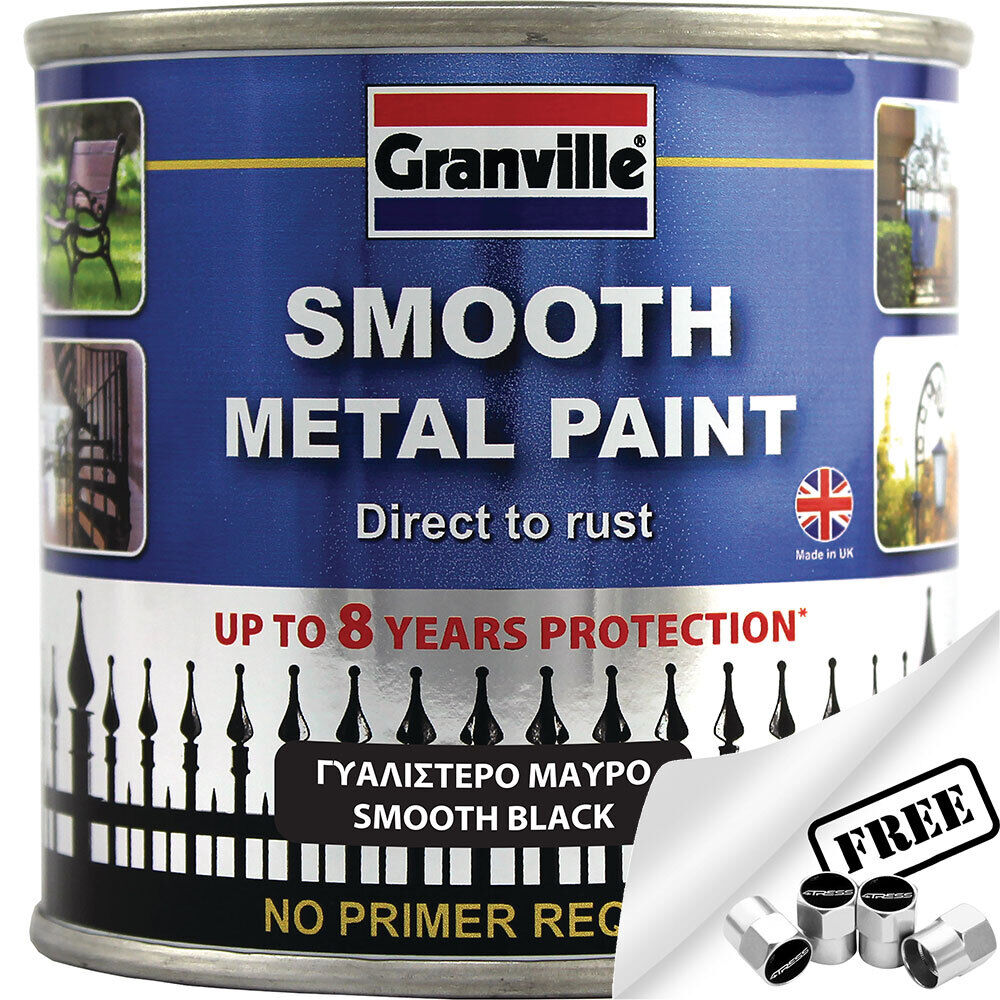 Granville Smooth Black Finish Direct To Rust Metal Brush On Paint Tin +Caps