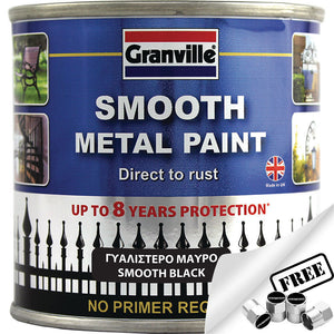 Granville Smooth Black Finish Direct To Rust Metal Brush On Paint Tin +Caps