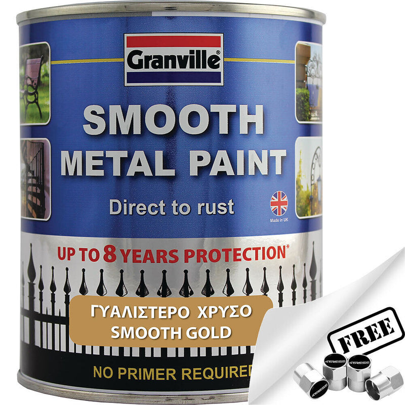 Granville Smooth Gold Finish Direct To Rust Metal Brush On Paint Tin +Caps