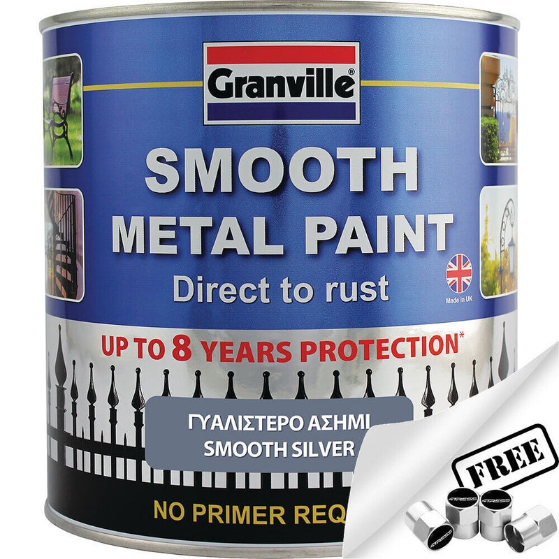Granville Smooth Silver Finish Direct To Rust Metal Brush On Paint Tin +Caps