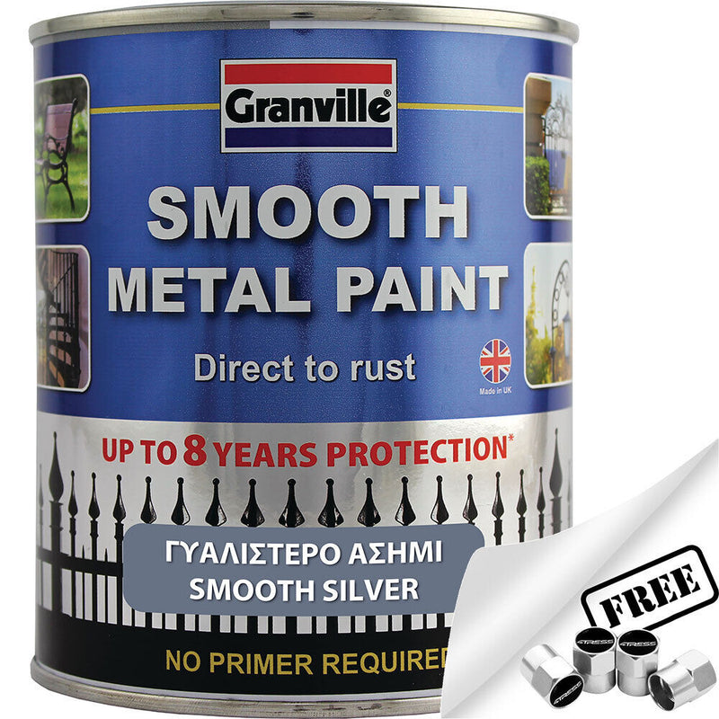 Granville Smooth Silver Finish Direct To Rust Metal Brush On Paint Tin +Caps