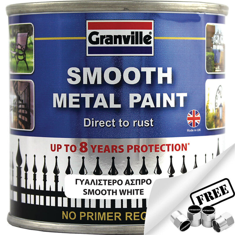 Granville Smooth White Finish Direct To Rust Metal Brush On Paint Tin +Caps