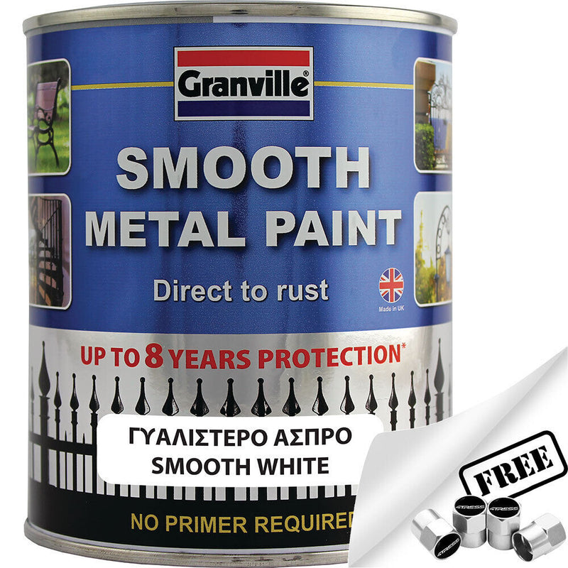 Granville Smooth White Finish Direct To Rust Metal Brush On Paint Tin +Caps