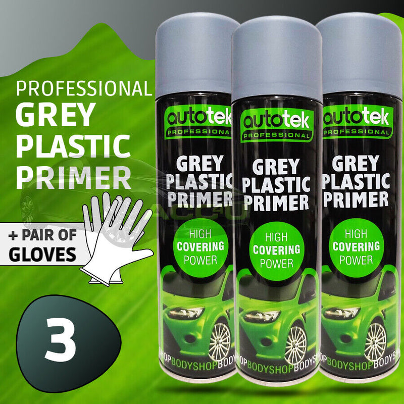 3 x Autotek GREY PLASTIC PRIMER Spray Paint Professional High Covering +G+C✅