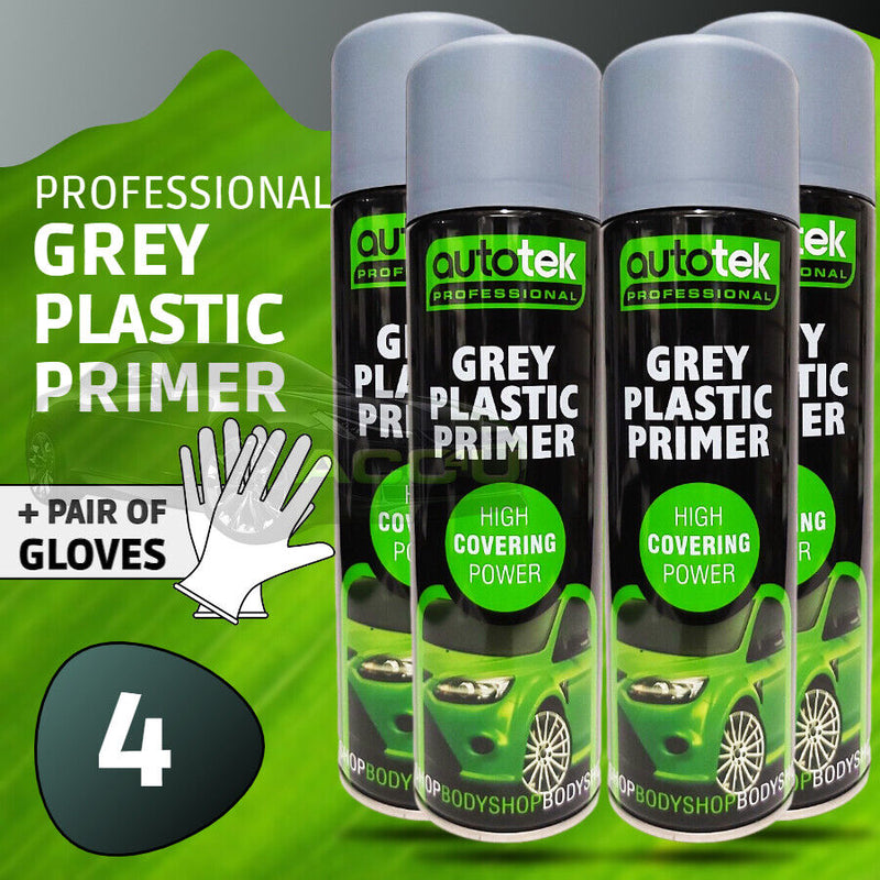 4 x Autotek GREY PLASTIC PRIMER Spray Paint Professional High Covering +G+C✅