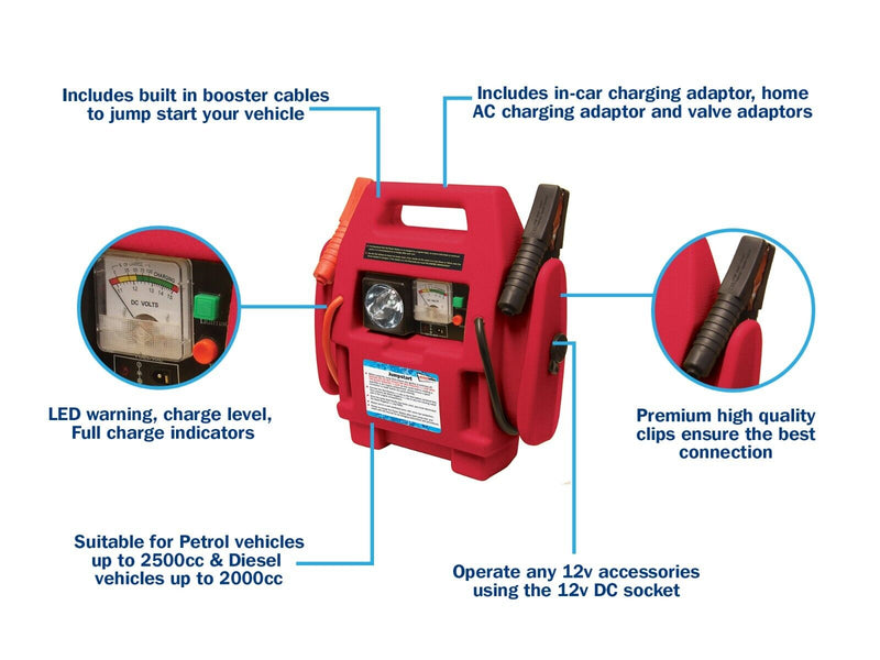 12v Portable 2500cc Engine Car Battery Booster Jump Starter Power Pack +Caps