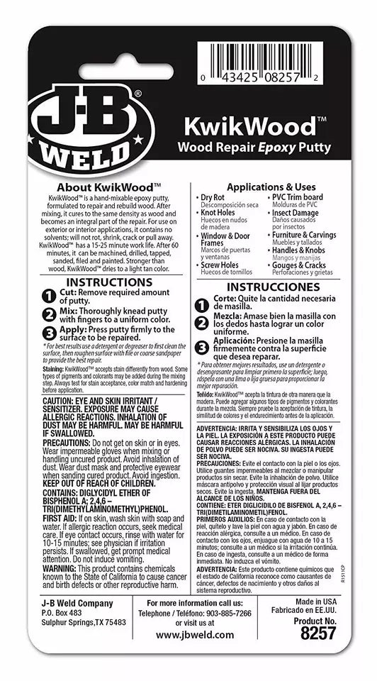 JB Weld KwikWood Wood Furniture Door Frame Hole Crack Repair Epoxy Putty Bond