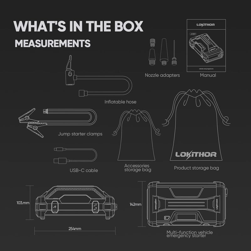 Lokithor JA302 12v 2500A Lithium Car Battery Jump Starter Air Compressor + Charger