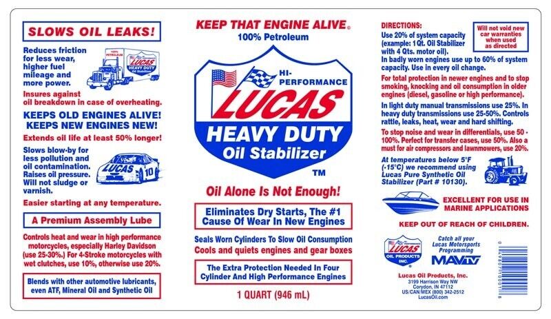 Lucas Car Van Boat Heavy Duty Engine Oil Stabilizer 1 Litre Eliminates Dry Start +Caps