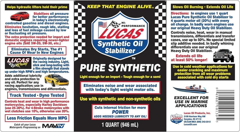 Lucas Pure Synthetic Car Engine Oil Stabilizer Additive Treatment