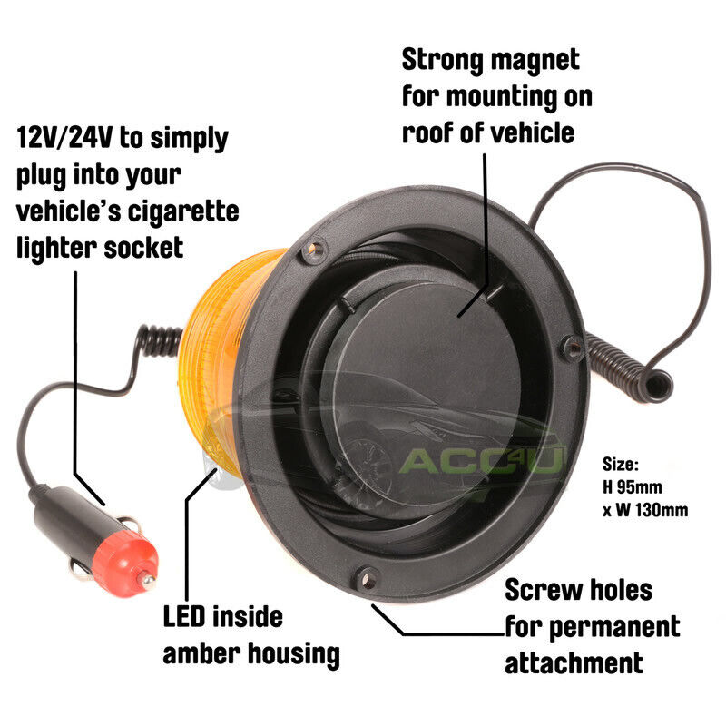 Magnetic LED Amber Flashing Light Warning Beacon 12V/24V for Car Van SWMBL3 +Caps