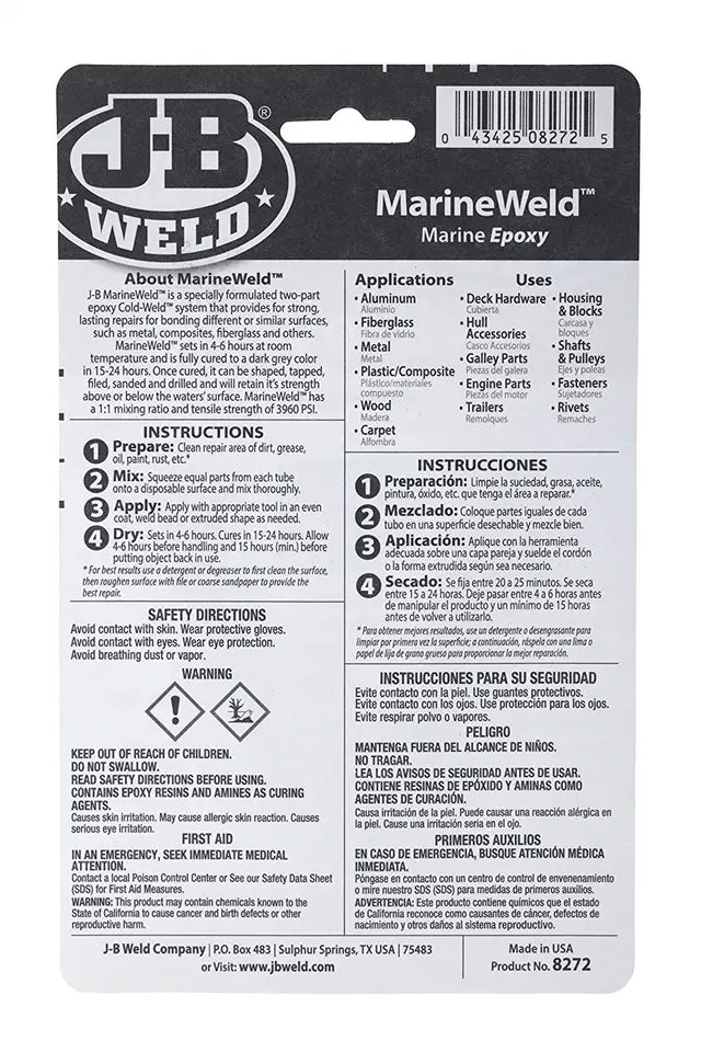 JB Weld Marine Weld Marine Boat Deck Hull Watercraft Waterproof Epoxy Glue