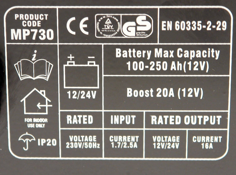 Maypole MP730 12v 24v 20 Amp 250Ah Metal Case Car Van Commercial Battery Charger +Caps