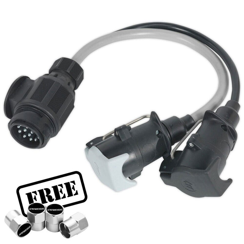 Maypole Trailer Caravan Lead Adapter Twin Convertor 13 Pin To 7 Pin 12V + Caps