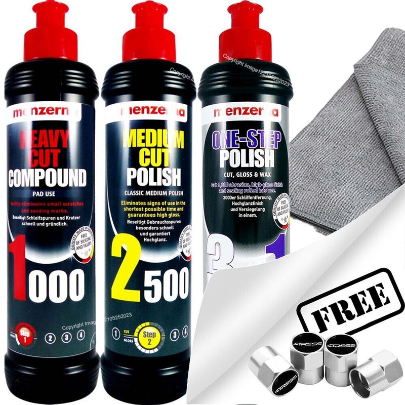 Menzerna 1000 Heavy Cut Compound + 2500 Medium Cut Polish + 3in1 One Step Polish +CL +Caps