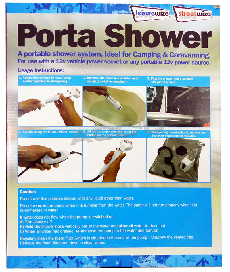 Portable Shower System 12v Car Plug Camping Caravan Outdoor Festivals SWSHO +Caps
