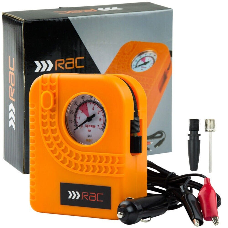 RAC 12v Car Motorcycle Motor Bike Compact Mini Tyre Air Compressor Inflator Pump +Caps