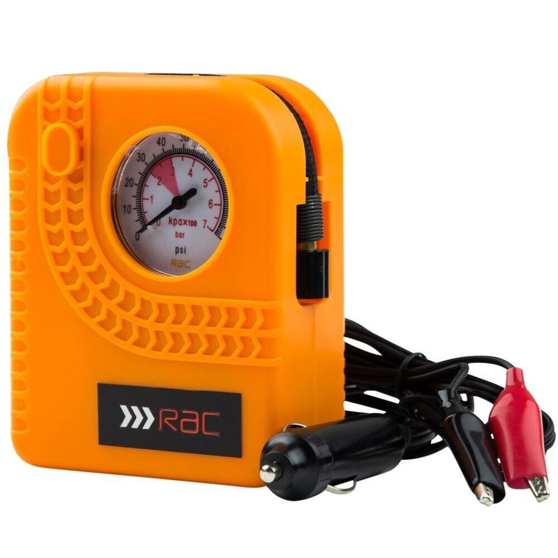 RAC 12v Car Motorcycle Motor Bike Compact Mini Tyre Air Compressor Inflator Pump +Caps