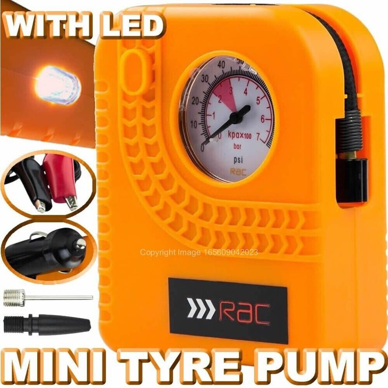 RAC 12v Car Motorcycle Motor Bike Compact Mini Tyre Air Compressor Inflator Pump +Caps