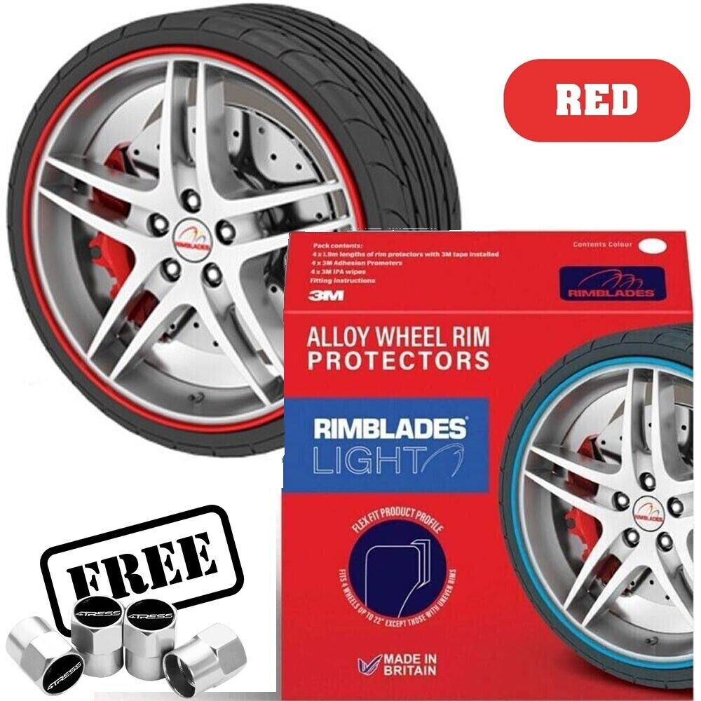 Rimblades LIGHT Car RED Alloy Wheel Rim Edge Rubber Protectors Styling Strip Kit +Caps