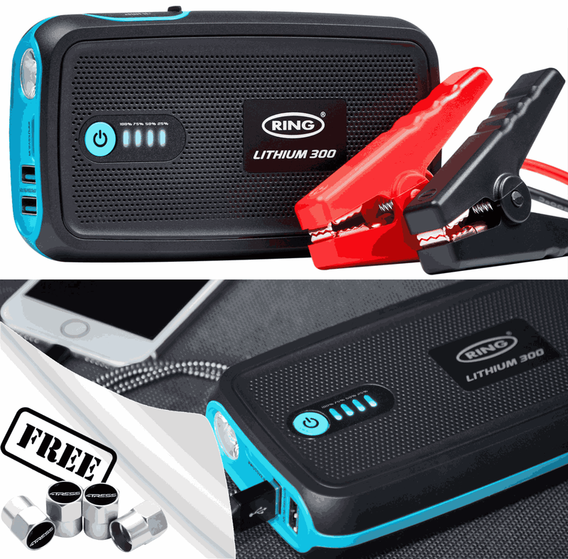 Ring RPPL300 12v 600A 3.0L Mini Portable Lithium Car Battery Jump Starter Power Bank +Caps